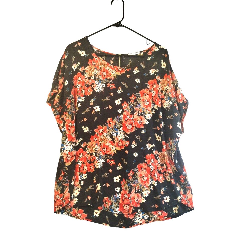 Top Size XXL Zip Back Dolman Sleeve Tunic Blouse Peach Blue Floral Autumn Winter